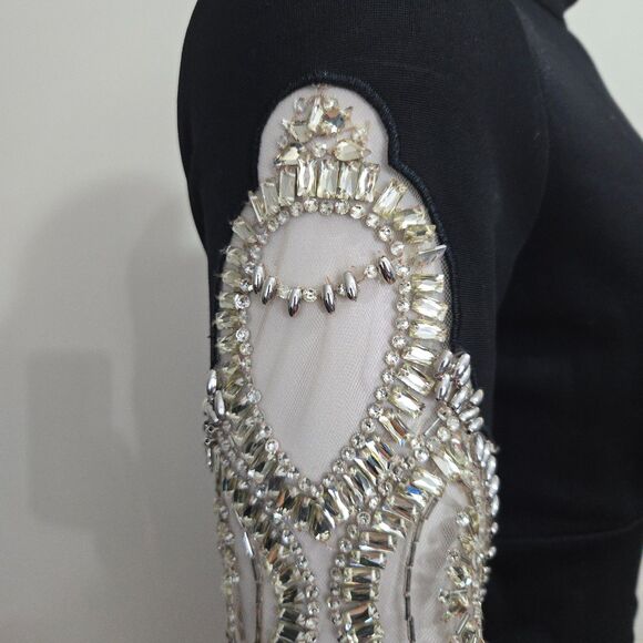 Bebe Vtg Y2K Black Mini Dress S Plunge Neck Sheer Sleeve Rhinestones Open Back - Picture 5 of 14